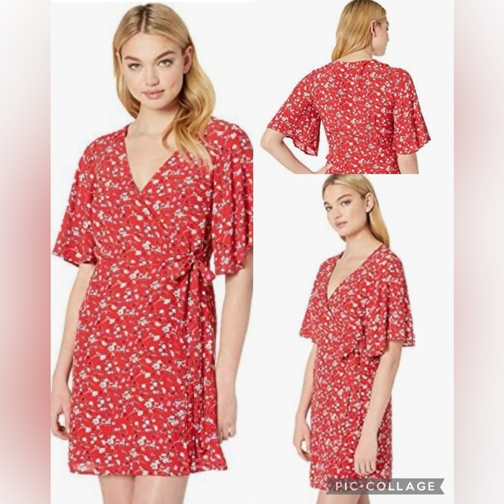 Sanctuary Women’s Red Floral Faux Wrap Short Sleeve V- Neck Mini Dress Size XL.